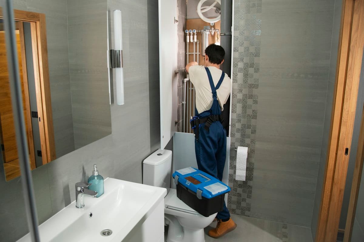 Plumber repairing pipes in a bathroom